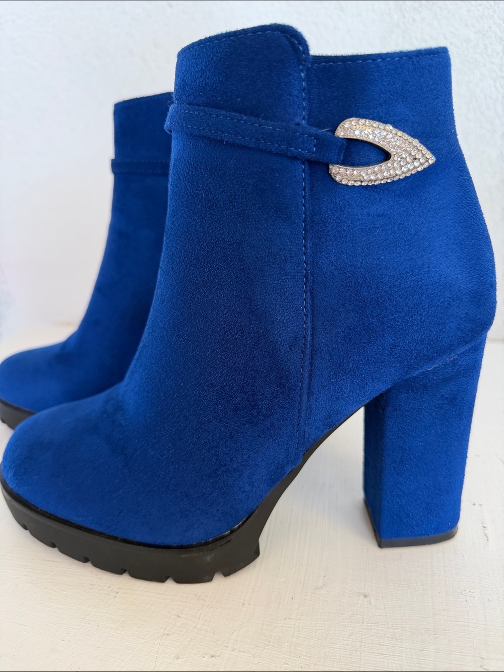 Blue Suede Platform Ankle Boots with Crystal Accent